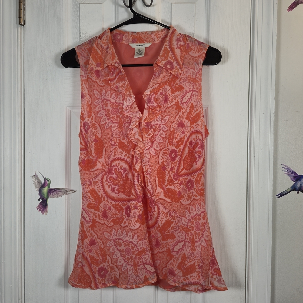 Edward 100% Silk Ruffle Blouse Coral Paisley Boho Chic Summer Top Large